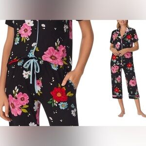 Room Service Black Floral Short Sleeve Capri Pants Pajama Set Spring Coquette